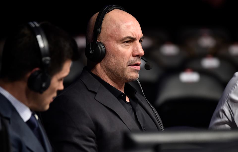 BOSTON, MA - JANUARY 20: Joe Rogan is seen in the commentary booth during the UFC 220 event at TD Garden on January 20, 2018 in Boston, Massachusetts.  (Photo by Jeff Butare/Zuffa LLC/Zuffa LLC via Getty Images)