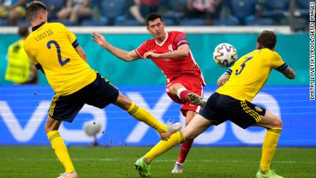 Lewandowski scores against Sweden in the Euro 2020 match.