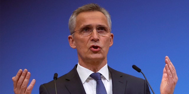 NATO Secretary General Jens Stoltenberg speaks during a media conference after the NATO-Ukraine Committee meeting at NATO Headquarters in Brussels, Tuesday, February 22, 2022. 