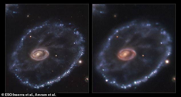 Astronomers have captured the moment a star, 500 million light-years from Earth, exploded in a dramatic supernova, marking the end of its life.  The left image is from 2014 before the explosion, and the right is from 2021, with the explosion at the bottom right