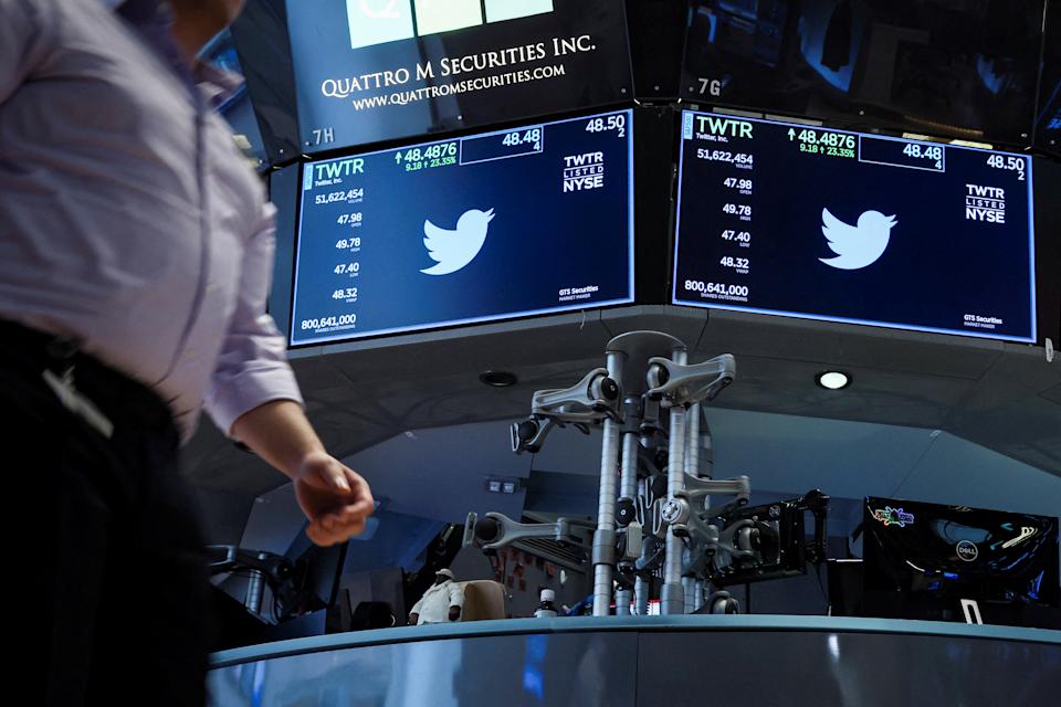 Screens display Twitter's trading information on the floor of the New York Stock Exchange (NYSE) in New York City, US, April 4, 2022. REUTERS/Brendan McDermid