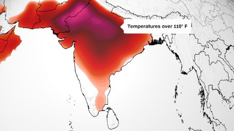 The forecast map shows that most of India will endure high temperatures Friday: over 32°C/90°F (in shades of orange);  Over 38°C/100°F (in red);  or more than 43°C/110°F (pink).