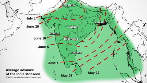 This graphic shows when the monsoon season usually begins across India.
