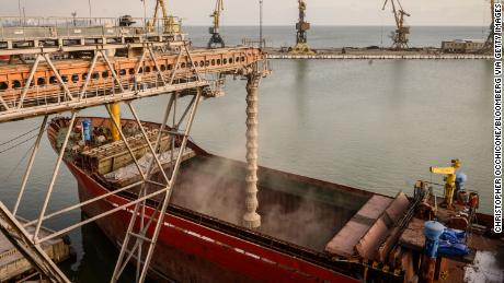 The general cargo ship Medusa S loaded with grain, bound for Turkey, at the UkrTransAgro LLC grain terminal at the Mariupol Port in Mariupol, Ukraine, Thursday, January 13, 2022.  
