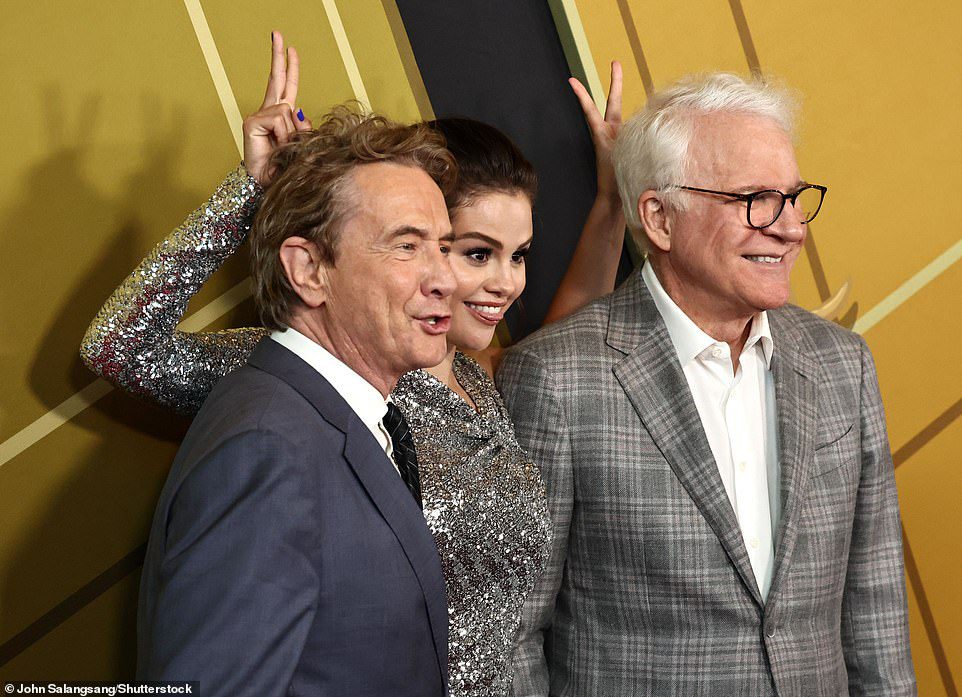 The Trio: Selena Gomez gives bunny ears to co-stars Martin Short and Steve Martin at the 'Only Murders in the Building Los Angeles' premiere