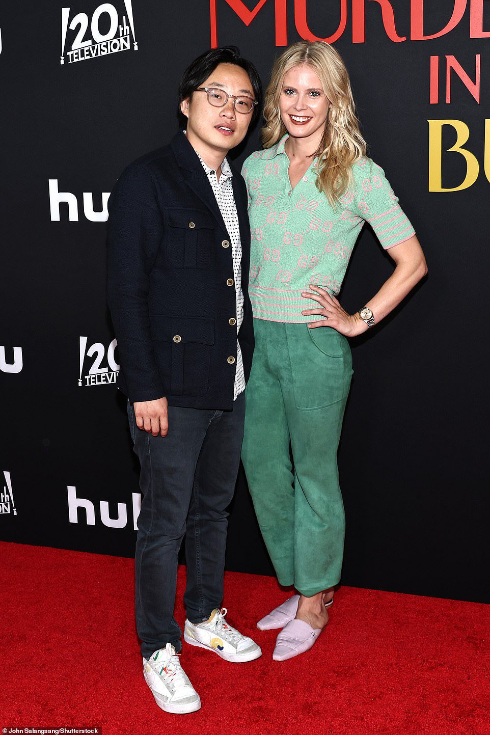 All smiles: Jimmy O. Yang approaches his girlfriend Bri Kimmell at the 'Only Murders in the Building' premiere