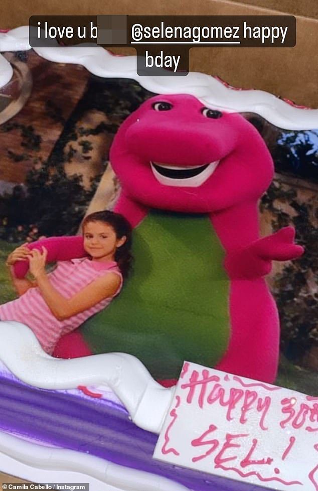 Cute: Pop star Camila Cabello posted a cute photo of a cake with Selena's childhood Barney photo printed on it.  She wrote: 'I love ub ****selenagomez Happy Bday', although it wasn't clear if she attended the party