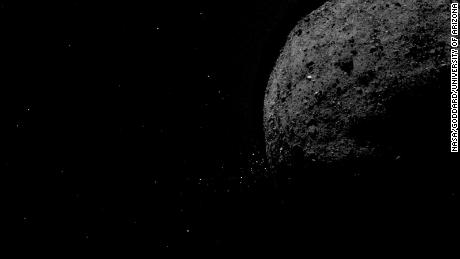 This image shows the asteroid Bennu spewing rocky particles from its surface on January 19, 2019. 