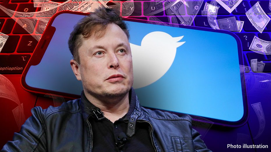 Elon Musk wears a jacket with a phone with the Twitter logo behind it