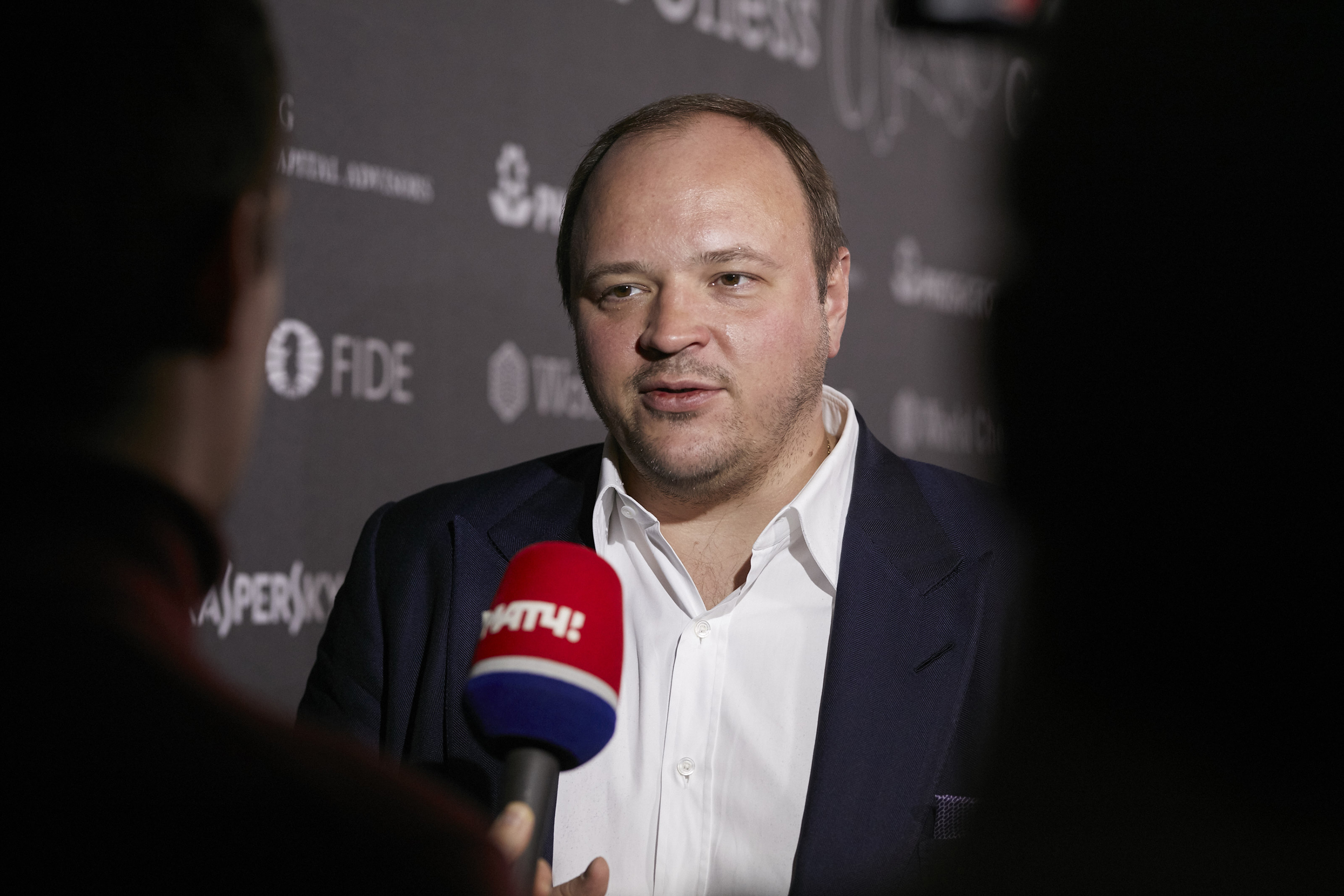 Andrey Grigorievich Gurev, CEO of PhosAgro, speaks in an interview at the opening press conference during the World Chess Championship on March 9, 2018 in Berlin, Germany.