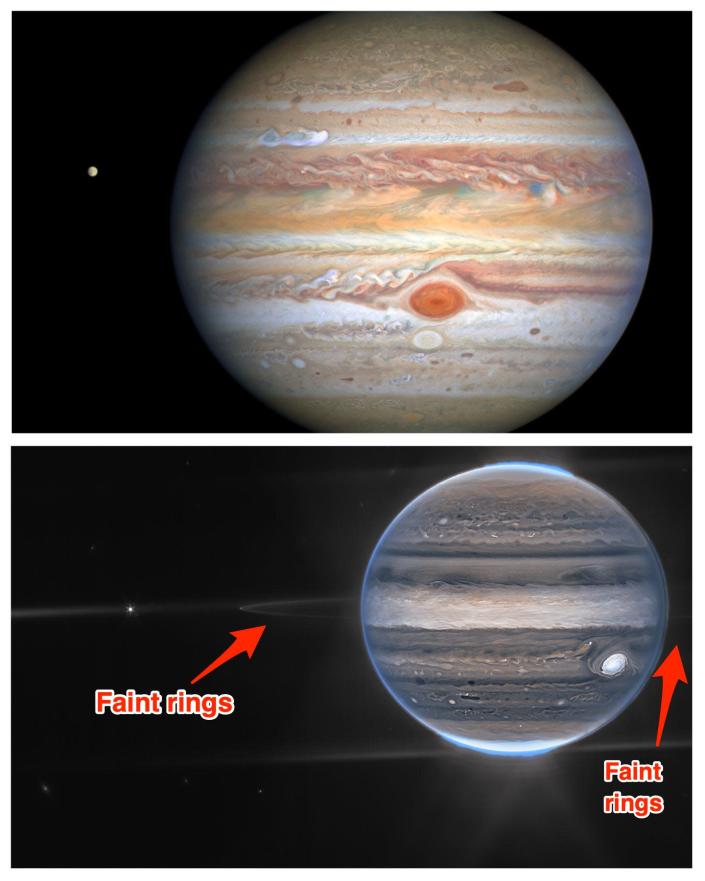 Hubble image of Jupiter (above) JWST image of Jupiter (below)