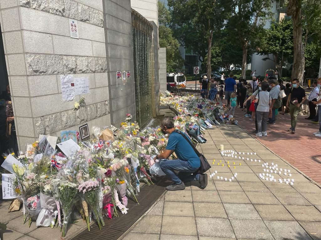 The tribute was outside the British Consulate in Hong Kong on Monday.