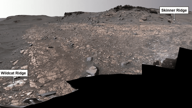 Wildcat Ridge and Skinner Ridge at the Martian Jezero Crater.  The image was taken by NASA's Perseverance rover. 