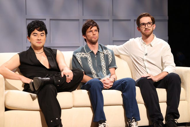 Bowen Yang (from left), Mickey Dai and Andrew Desmocks spoke on the drama Try Guys in "SNL."